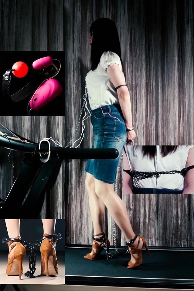 ball gaged and cuffed, suffer from 12cm high heels and electric strike, vibrator, on a walking machine ball gaged and cuffed, suffer from 12cm high heels and electric strike, vibrator, on a walking machine
