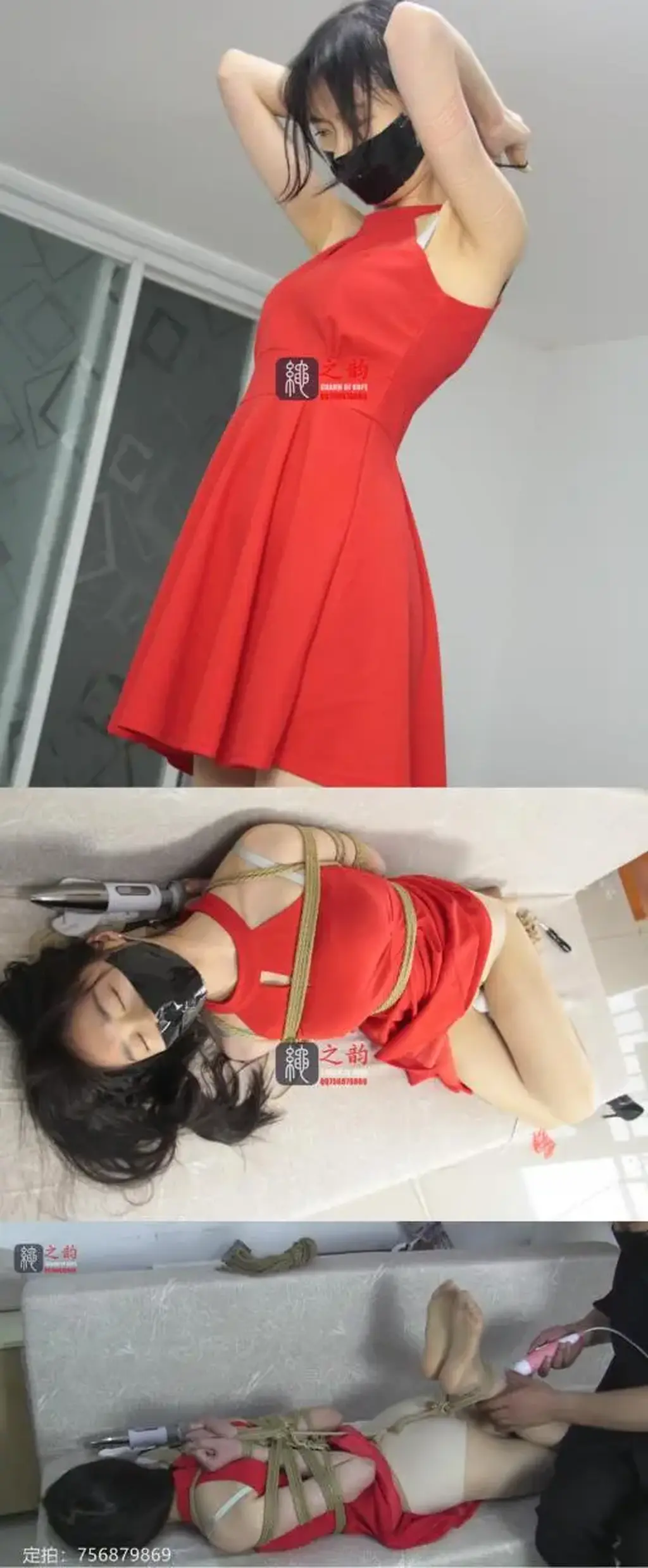 萝莉绳模灵儿作品：一样的红裙，不一样的惊艳与凄美——小萝莉绳模灵儿，肉丝高跟、小红裙，后观音、极限捆绑，SP、虐足、棒棒游戏。灵儿渐渐“入道”了，掀起她的小红裙，露出她白色的小内裤和稚嫩的小屁屁  