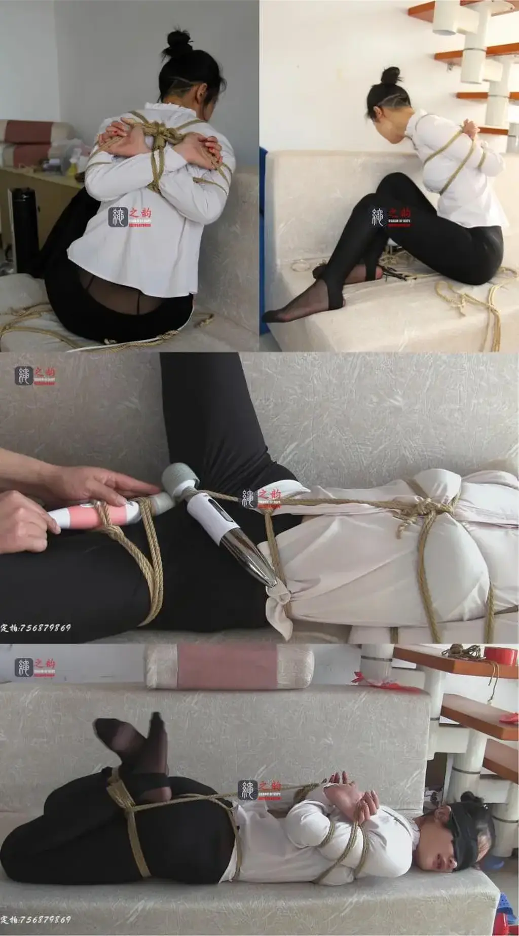 瑜伽美奴TJ“大片”之《铃铛白衬衣、踩脚裤、黑丝TJ第二集》：美女瑜伽教练铃铛，白衬衣、踩脚裤、黑丝，单脚半吊、M字固定，股绳羞辱，60分钟肆意蹂躏，双棒子强制GC！  