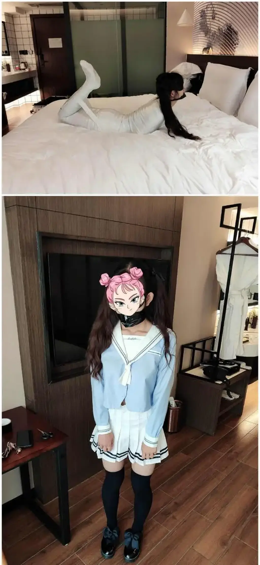 00后双马尾loli第一次体验全包木乃伊～ 今年端午的粽子是萝莉馅儿的。<br><br><br>第一次全包因为勒的太紧把小姐姐勒晕了……（包的太紧导致呼吸困难，没站住直接摔倒在地上），所以刚包完上半身就解开了。<br><br><br><br>休息之后重新开始，终于把小萝莉做成了胶带粽子～<br><br>萝莉说被全包起来的感觉压迫感非常强，而且手脚会麻，呼吸也受到了限制……而且因为小妹妹太瘦，膝盖和脚踝两处都互相顶着，硌得很疼。<br><br>在包的过程中剪开袜子挠脚心，看小妹妹忍着疼痛绝望的挣扎。玩弄过后再把小妹妹的小脚也用胶带和保鲜膜封死。把少女做成真正的人形木乃伊～<br><br>然后把小萝莉勒成驷马，让小萝莉感受更难受的姿势和更真切的疼痛ww<br><br>拉扯双马尾 强制抬头 人形胶带木乃伊的挣扎<br><br>超可爱w<br><br>不过妹子之后有点不开心了……因为全包却实是把她包的太难受啦……<br><br>瘦妹子被全包确实是遭罪一些。。很脆弱呀。容易硌到骨头，还容易呼吸不畅……小妹妹真的是辛苦了x<br><br>感谢小丫头的辛苦付出和坚持～请多支持！<br>作者qq 1691817241<br><br>
