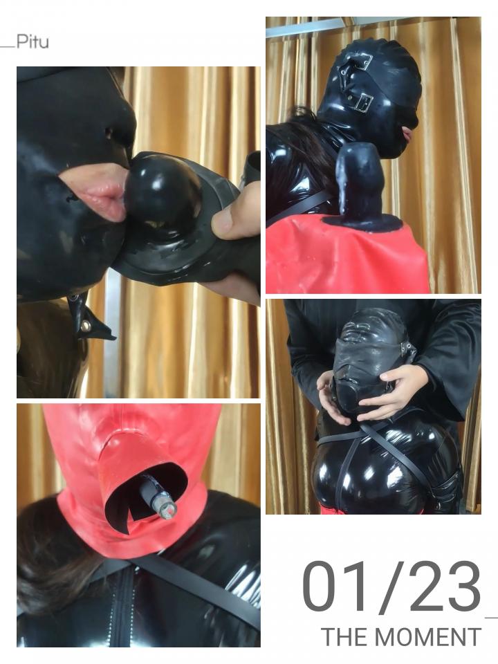 祝福各位同好能够在2020年里《鸿运当头》，乳胶头套＋充气乳胶头套，单臂拘束袋＋单手套，双层拘束， A latex hood, inflatable latex hood, armbinder restraint bag, armbinder and double-layer restraint set.