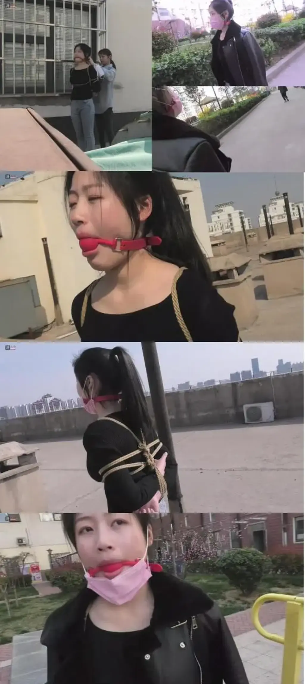 “憨大胆”小助理的处女作：点点、四月户外口球、捆绑游戏 (50米长廊、12层电梯、天台、小花园多场景，女主：四月；拍摄及客串女配：点点。事后观看她们的拍摄过程，吓了我一身冷汗，这两个丫头胆子太大了！） The daring assistant Han Dandan’s debut, featuring outdoor ball-gagging and bondage across multiple settings: a 50-meter corridor, a twelve-story elevator, a rooftop and a small garden. April is the main performer, with Diandian filming and appearing as a guest.