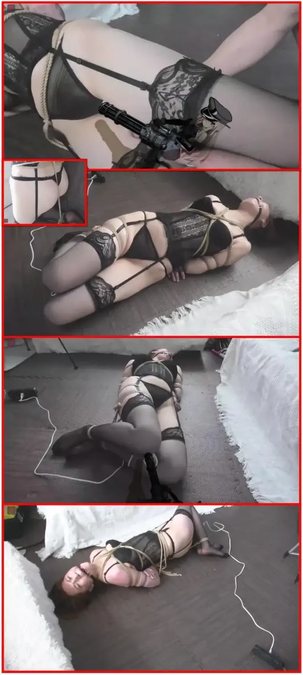 熟女人妻SM股绳 緊縛吊 01  FetiSale - Video 阿姨级绳 奴诗韵，蕾丝内衣黑丝吊带，地板上的重口游戏第二集：驷马捆绑翻滚、蕾丝丰乳、黑丝美腿、口球、体虐、挣扎、强制、GC与痉挛（SJ版）