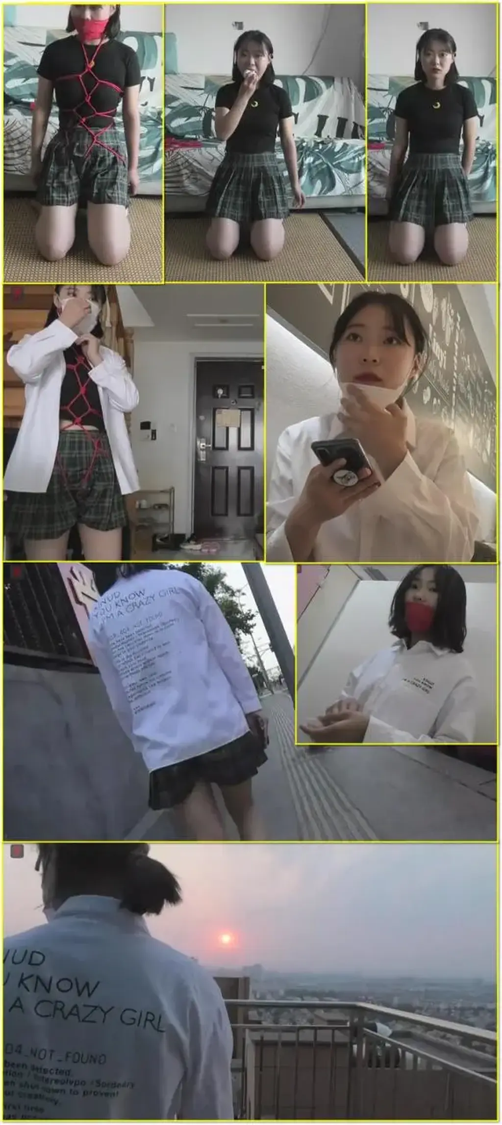 小助理点点和准大一新人小北自导自演的捆绑外出游戏：JK少女，龟甲缚、棉袜堵嘴，户外捆绑游戏纪实——捆绑堵嘴逛逛街、一起吃个麻辣烫、登上天台看夕阳 Assistant Dian Dian and Xiaobei, a newcomer about to enter her first year of university, stage an outdoor bondage game. Xiaobei wears JK-style clothing and endures a tortoise-shell tie and a cotton-stocking gag as they walk around town bound and gagged, share spicy hot pot and climb to a rooftop to watch the sunset.