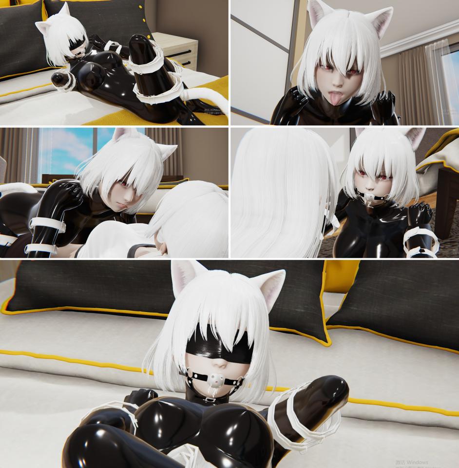 【胧月工坊】Cat latex restraint 2 - 妹妹终于等到了姐姐，本打算报复姐姐，却被姐姐收买（一半是有台词的，另一半是原图，不喜欢台词的人可以通过原图来自己想象） [Necomimi,Gag,3D CG,Blindfolded,Belt,story rich]