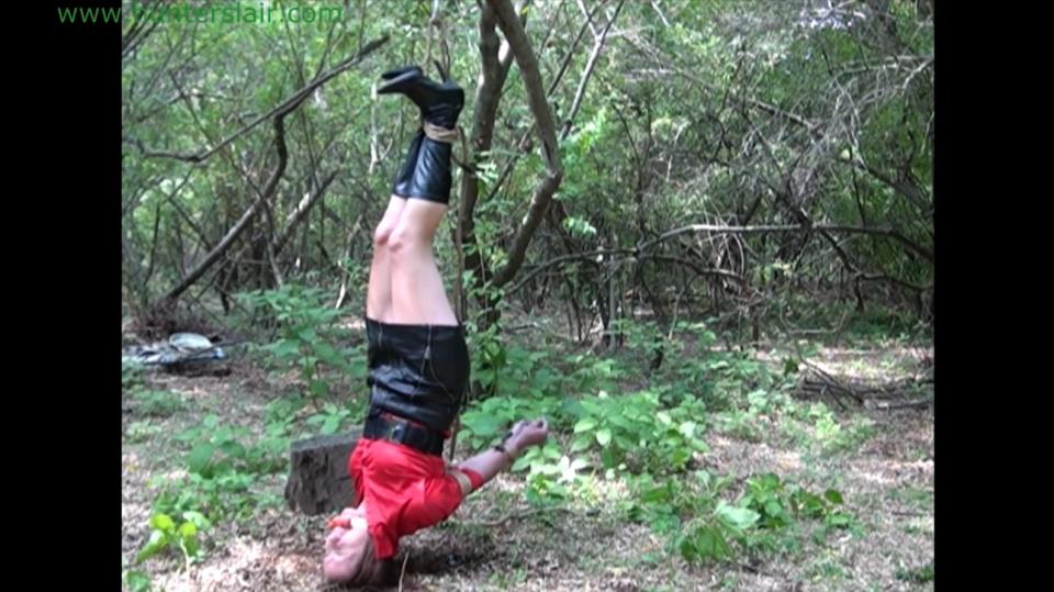 Hunter hangs his prey from a tree by her ankles Katrina has been captured by the Hunter and he has brought her out to the woods. Her arms are cruelly tied behind her back with ropes and her mouth is packed and taped shut. He her to sit on an old stump and then ties her booted ankles tightly together. He leaves her in the woods bound and gagged warning her not to try to escape. But Katrina has no intention of staying put and as soon as he is out of sight she struggles to her feet. She then hops through the woods on her bound ankles trying to find a way out. But her path is blocked by some underbrush and with her ankles so tightly tied she can get through without falling. So she has to back track. But she runs into the Hunter as she hops back and her grabs her and carries her back to the stump. He drops her on the ground and then attaches another rope between her bound booted ankles. He then picks her up and attaches her bound ankles to an overhead branch. He lower her head to the ground and leaves his poor helpless prey hanging upside-down from the branch with her head touching the ground. Katrina twists and turns trying to work the ropes free but it is futile. She is trapped and helpless there will be no escape. She screams and cries into her gag for help but there is no one to hear her mutted screams. <br><span style='color:#b0b0b0;'>[隐藏文字，购买后可见]</span>