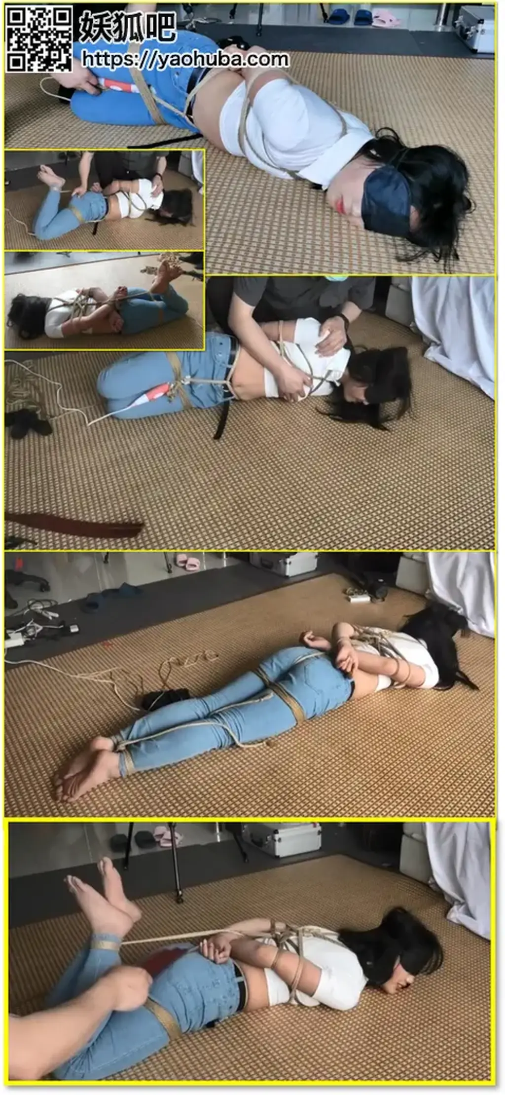 娃娃牛仔裤调教第三集，TK虐足、SP，驷马强高。中场休息，简单驷马打个盹，驷马捆绑固定棒的状态下，这丫头还真的睡着了 A performer undergoes foot tickling, spanking, spread-eagle bondage, and a fixed vibrator.