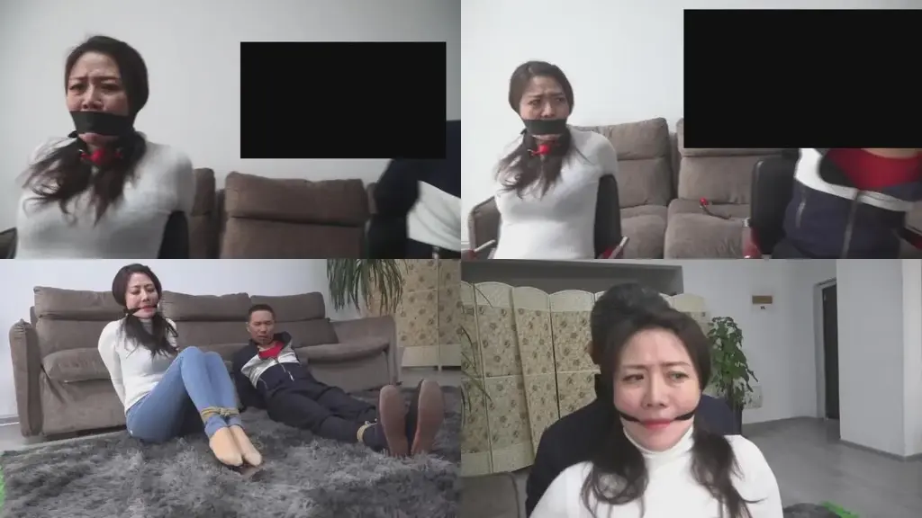 逍遥大戏【绳狱系列第五弹！】《女井队长和大富翁的绑架案》，女神李然主演超时长大片！02集  逃出生天 （本片为男女连缚，但包含了去掉男人情节的片段和完整片段。所以不喜欢看男人的也可以放心食用。另外，预 逍遥定拍<br>时长1小时8分钟。前34分钟是把男人屏蔽的版本。后34分钟是完整版。<br>故事承接上集。女井队长林静和王老板被劫匪绑在客厅，由布团塞嘴改为胶带封嘴。两人挣扎了很久，接着劫匪突发奇想，将两人背靠背捆绑，并且用一条丝袜同时勒住两人的嘴巴。<br>林静不断挣扎，并尝试用勒住的嘴说话。后来劫匪过来，脱掉林静的长筒靴，林静露出了穿着肉丝袜的美脚。<br>劫匪又将林静和王老板绑在客厅，然后离开。<br>林静挣扎着，用丝袜脚蹭掉了王老板勒嘴的丝袜。王老板提议自己用嘴把林静勒嘴的丝袜叼出来，林静因此举太过暧昧而拒绝。<br>接着，王老板发现地上的手机，林静用丝袜脚拿到手机，但是丝袜太滑，无法拨号。<br>于是，林静用力将丝袜脚放到王老板面前，王老板用嘴把林静脚上的丝袜叼出来，林静用裸足拨通了电话，两人终于获救！
