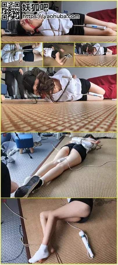 阿娇，白衬衣、超短裙、帆布鞋、白袜，捆绑TJ下集：阴天下雨虐小奴GC篇，脱鞋、脱袜、驷马股绳，绳子与棒棒的折磨，矜持OL的悲催绳地狱，无助、无奈的挣扎与默默承受 A restrained office lady endures TK, shoe and sock removal, hogtie, crotch rope, and toy torment.