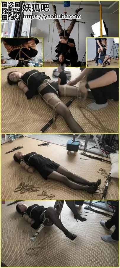菲菲，黑丝凉高、包臀裙，极限后高手、口球、固定棒、分腿悬挂，倒吊之痛初体验 An adult rope model undergoes extreme reverse-prayer bondage, ball gagging, fixed-toy play, leg suspension, and first-time inverted suspension.