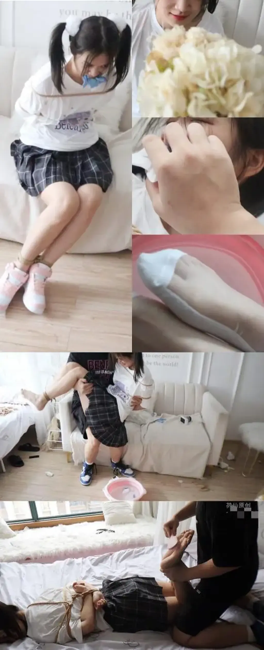 【荷仙少女】不要对断然强硬的拒绝普信男并说他丑，否则就算你是校花也要被普信男捆起来的报复！（剧情对话 露脸强制迷晕，紧缚捆绑，脱校花的鞋TK强制洗脚，并把洗过的袜子塞到校花的嘴里，无助呻吟，将校花抱起 有点久没见伙伴们了，为了表示歉意补上剧情之作 颜值美少女出演，解压码问题已解决<br>引言：也许大家在上学的时候总想着向校花所来表白，希望成为学校里那个最漂亮的女孩子的男朋友，简直是一种莫大的荣耀，但是一般班花怎么看得上我们这些所谓的普信男呢，<br>这部作品也是我们内心的真实写照，对那些自以为是除了好看一无是处的的校花一点颜色看看吧！超长对话，<br>简介 在校花的家里，一位普信男也就是男主，突然闯入校花的家里，<br>校花厌恶的问，你来干嘛啊，普信男害羞的并拿出一束花对校花说我喜欢你 能做我女朋友吗！班花掩饰不了内心的厌恶，对普信男说，你太丑了我不喜欢你，（这句话直接击穿了普信男弱小的自尊心）拿起一块麻布就往校花姐姐的嘴上捂去，呜呜呜呜呜呜！校花姐姐拼命的反抗普信男，但是最终还是慢慢失去意识，等醒来时候已经发现浑身已经被普信男牢牢地绑起来了，<br>校花姐姐大骂普信男，丑八怪，普信男更生气了，拿起一双校花刚换下带有自己味道的袜子塞到校花自己的嘴里，呜呜呜呜欧欧呜呜！校花姐姐这下真的慌了，美丽的大眼睛里充满着乞求，乞求普信男放了她，普信男生气的说早干什么去了！说完拿来一盆热水满满脱下了校花姐姐的运动鞋，校花姐姐拼命反抗无奈被绑了个结结实实，只能任由人摆布，一边被普信男洗脚一边，又要忍受恶心的抚摸，别提多难受了，<br>等普信男玩满足了，校花姐姐以为噩梦终于结束了，没想到普信男一把校花姐姐抱起来，屁股直接坐到他腿上，一把扔到床上并将校花姐姐驷马状绑了起来，只见普信男拿出一把超级大梳子，将刚洗完毛孔全张开的校花姐姐的漂亮裸足就直接刷了上去 啊啊啊啊啊啊啊啊啊！不要啊！救命呀！！！只剩下校花姐姐的哭喊和普信男满意的笑声！（看荷仙作品，每一部的简介必须是用心写的，不然也对不起伙伴们的支持）<br>暂时只能站内联系，因为我们比较忙，请伙伴们多多包涵谢谢大家<br>解压码1234改后缀为mp4 