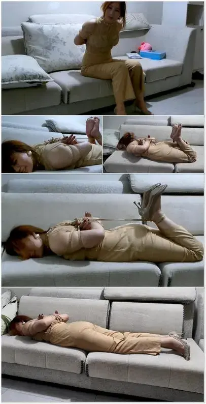 小妇人文婷的另类兼职3，沙发驷马玩 ,无助的扭 Wenting undergoes a sofa-based hogtie game, twisting helplessly in restraint.