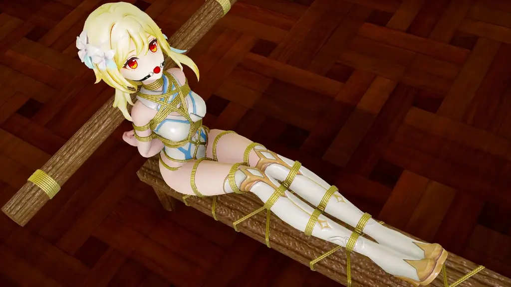 【原神3D拘束】 - 女主角荧-老虎凳-龟甲缚 [日式反绑,龟甲缚,3D画,股绳,国产动漫,游戏,后手缚（低混乱值）,口球,荧]