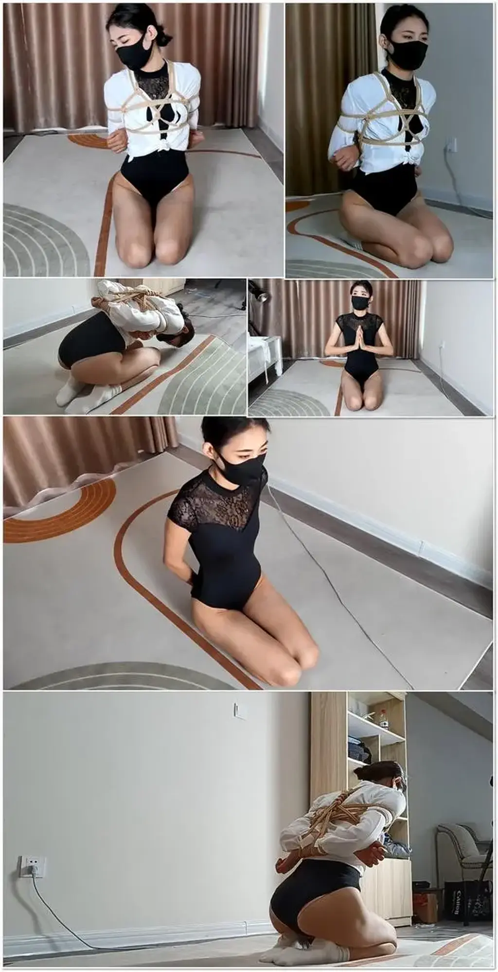 长腿妹子欣悦，白袜、高叉形体服、白衬衣捆绑、强制性跪姿训练定拍宣传片 A promotional feature of Xinyue in white socks and a high-cut bodysuit, bound in a white shirt and subjected to fixed forced-kneeling training.