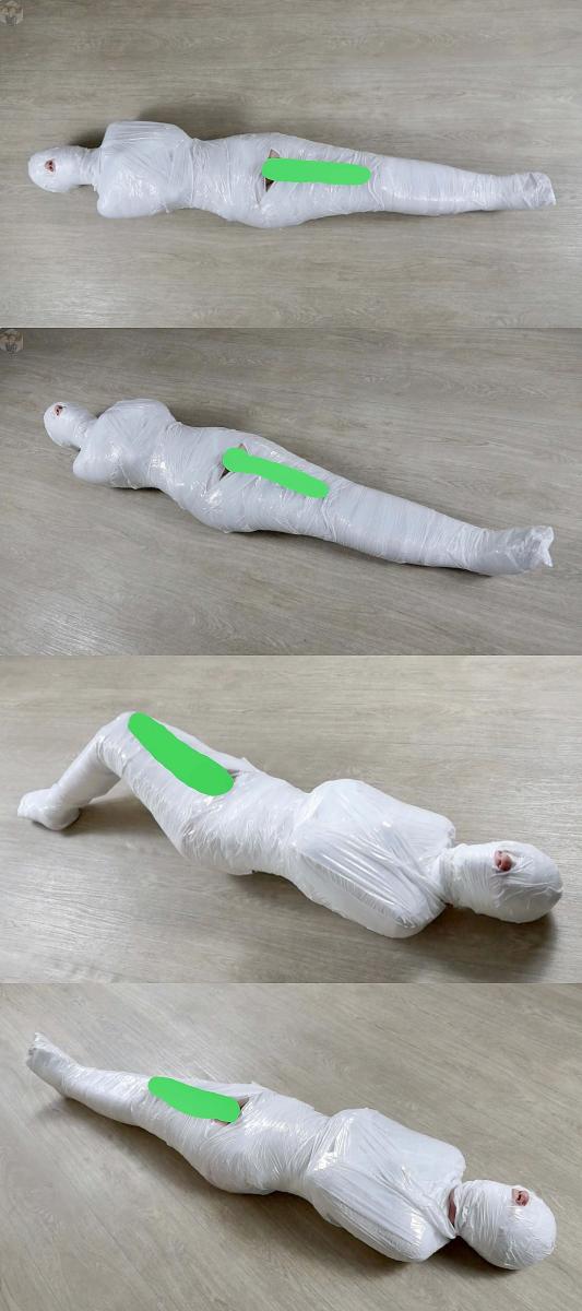 White stretch wrap with vibrator 妹子被人用白色塑料膜包裹成木乃伊，并在裆部固定一只嗡嗡棒。<br>她快乐的挣扎着，还享受着嗡嗡棒强高带来的块感，爽的直呻吟，然而被堵住了嘴，只能呜呜呜。