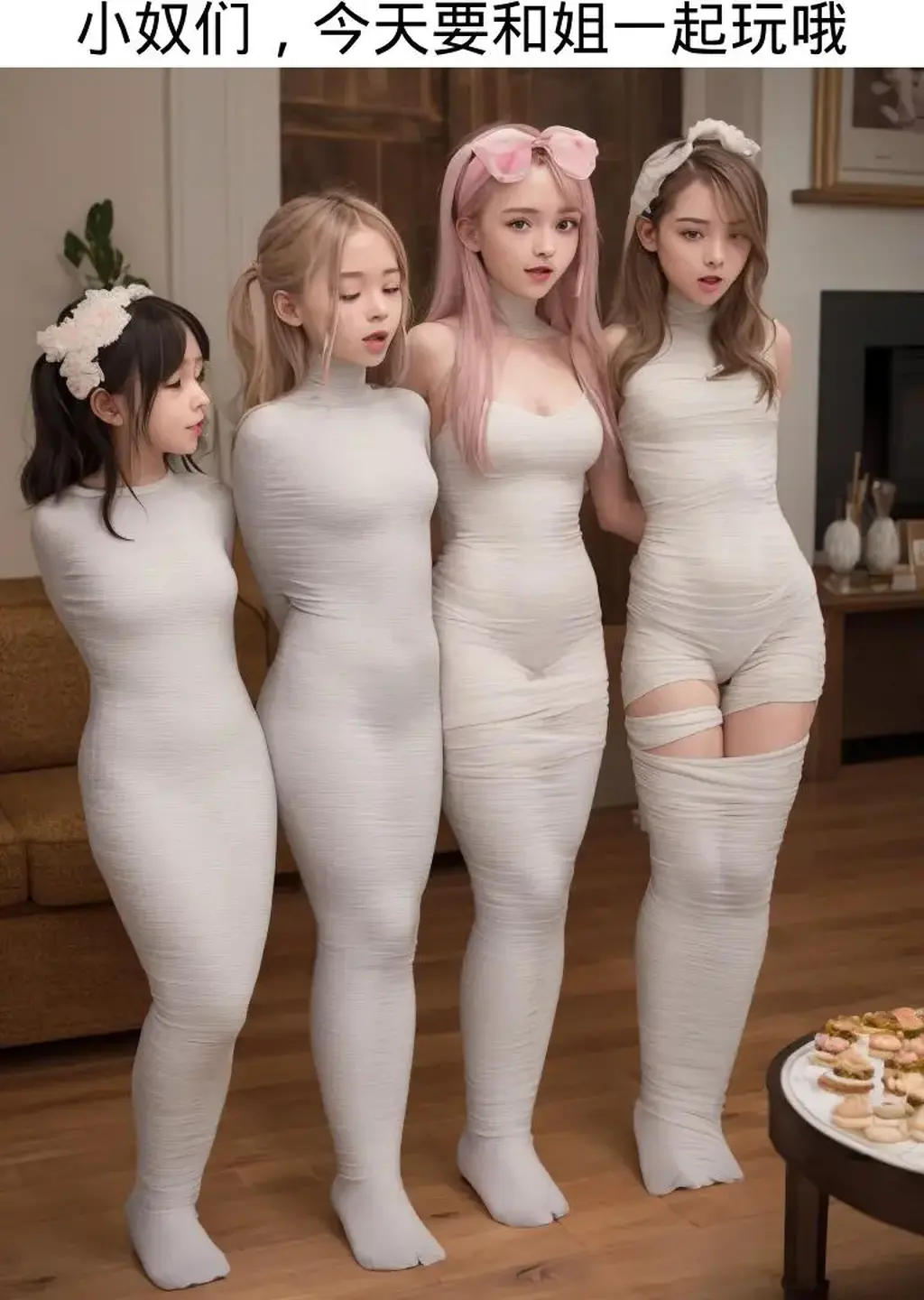 AI全包派对 - 女奴们的全包派对
一些看起来有故事的图加了点文案
以后还想做这种风格的
 [丝袜,木乃伊/全包,百合女同,AI绘图]