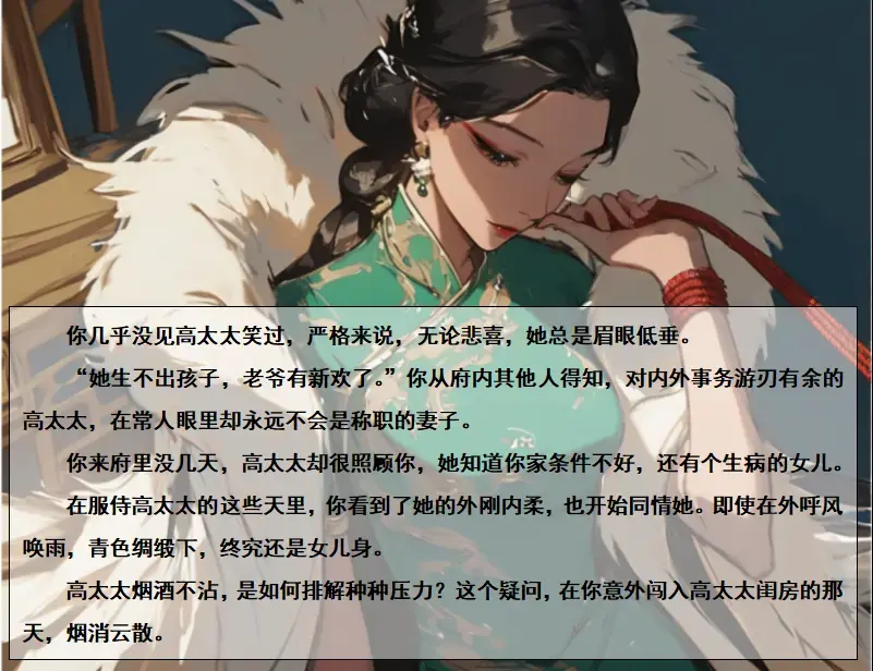 高太太（图文故事） - “小顺子，有事就回去一趟吧，给你放几天假。”不知从哪打听到你女儿的病愈发严重了，梳妆台前，高太太卸着妆，随手摸出几块大洋。刚刚解决了生意上的刺头，暂时不需要你忙前忙后。你双手接下，谢过出门。“杯水车薪，总比没有好。”你安慰自己，办法总会有的。
半道，一拍自己脑门，竟把船票落在高太太房间，只得反身回到府上。天色不早，夕阳洒在院内，静谧的氛围催人犯困。你来回奔走，加上挂念女儿，思绪纷乱，混混沌沌地竟直接推门而入。
直到现在，回忆起当时的情景也会让你面红耳热。房间内，你与高太太四目相对，两人都愣住了。你缓过劲正准备道歉时，高太太收回眼里的一丝慌乱，带着愠怒地说：“毛手毛脚的，进来关上门。”你连忙 [民族（旗袍）, 剧情向]
