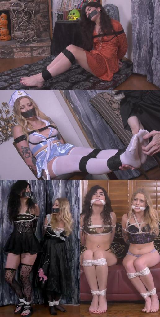 Halloween Haunting Horror 穿着暴露的水手服的帕里斯·怀特正在为她和最好的朋友尼基·斯利克策划的万圣节派对做最后的准备，这时一个戴着骷髅面具的访客出现了。帕里斯起初以为他是提前来参加派对的，但当他用神秘的手势把她冻在原地，然后拿出黑绳把她的手腕绑在身后时，这位娇小的金发女郎开始明白这个生物的超自然本质。在用一圈圈黑绳勒紧她半透明上衣露出的[X_X]后，黑色胶带突然封住了她的嘴唇，帕里斯被放在一个长腿凳子上，穿着白色长袜的双腿被绑在一起。脱下她的高跟鞋后，这个怪异的人用指甲抠住她穿着长袜的脚底，然后扶帕里斯站起来，小心翼翼地把她带出房间。<br><br>几分钟后，当尼基走进宴会厅时，她惊讶地发现帕里斯不见了。然而，妮基并没有孤单太久，因为她很快就遇到了同样令人震惊的幽灵，并被他的魔咒迷住了，然后那条黑绳子装饰着她醒目的橙色迷你裙，黑色胶带使她的声音变得模糊。在万圣节装饰的包围下，这位赤脚的黑发女孩得到了逃跑的机会，但当妮基对抗一道看不见的屏障时，她发现这只是一个虚假的希望。在绳子缠住膝盖和脚踝后，这位被绑住、嘴巴被堵住的派对策划人甚至连有限的活动能力都无法发挥出来，她坐在一块装饰着骷髅的布上，蜷缩着臀部，努力挣脱无法逃脱的束缚。<br><br>这对最好的朋友终于聚在一起过万圣节了，妮基的服装变成了大胆的黑色内衣和渔网袜，而一件黑色长裙和长筒袜取代了帕里斯穿的白色紧身衣。虽然他们的口塞仍然是黑色的，但白色的绳子缠绕着他们的躯干，但他们的腿仍然是自由的，所以他们的恶魔访客可以自娱自乐地看着他们徒劳地试图离开房间。脚踝被绑住后，帕里斯和尼基并肩站在一块灰色条纹窗帘前，两人都用长绳子连接着头顶的水平横杆。在他们试图解开彼此打结的手腕失败后，焦虑的朋友挤在一起，然后蒙面人命令他们再换一次服装。<br><br>虽然他们的束缚几乎没有变化，但黑色胶带已经让位于白色口塞，而精致的服装变成了尼基的闪亮金色胸罩和丁字裤，帕里斯变成了带有紫色斑点的黑色紧身胸衣和浅色内裤。脚踝上的绳子消失后，戴着骷髅面具的创造者将他们带出了房间，然后走上螺旋楼梯，来到一个区域，这对眼花缭乱的情侣并排坐在一张皮革沙发上，双腿再次被绑住。Dressed in a revealing sailor-girl costume, Paris White was putting the final touches on the Halloween party she'd planned with best friend Nikki Slick when a skull-masked visitor appeared. Paris at first believed he had arrived early for the party, but when his mystical gestures froze her in place before he produced black rope to bind her wrists behind her back, the petite blonde began to understand the creature's supernatural essence. After coils of dark rope were tightened around breasts revealed by her semi-transparent top and black tape suddenly sealed her lips, Paris was placed on a long-legged stool where she sat with her white-stockinged legs pinned together. Once her heels were removed, the weird character applied his nails to her stockinged soles before helping Paris to stand so he could guide her carefully out of the room.<br><br>When Nikki entered the party-room a few moments later, she was surprised that Paris was nowhere to be found. Nikki wasn't alone for long, however, because she soon encountered the same alarming apparition and fell under his spell before that black rope decorated her eye-catching orange minidress and black tape muffled her voice. Surrounded by Halloween decorations, the barefoot brunette was then given an opportunity to escape, which proved to be a false hope as Nikki learned when she moved against an invisible barrier. After even that limited mobility was ended by ropes around her knees and ankles, the bound and gagged party-planner sat on a skull- decorated cloth, curling up on her hip as she strained against the inescapable restraint.<br><br>The best friends were together at last for Halloween, Nikki's costume transformed into daring black lingerie and fishnets, while a long black dress and hose replaced the skimpy white outfit Paris had worn. Although their gags remained dark, white ropes encircled their torsos but their legs were still free so that their demonic visitor could amuse himself by watching their futile efforts to exit the room. When their ankles were bound, Paris and Nikki stood side-by-side against a grey streaked curtain, both supported by long rope-links to a horizontal bar above their heads. After their efforts to free each other's knotted wrists failed, the anxious friends huddled together before the masked figure decreed another change of costume.<br><br>Although their bondage had changed very little, black tape had given way to white cleave-gags while the elaborate costumes morphed into a shiny golden bra and thong panties for Nikki and a purple-flecked black bustier with light panties for Paris. Once the ropes around their ankles disappeared, they were led out of the room by the skull-masked creator, then walked up a spiral stairway to an area where the bedazzled pair sat next to each other on a leathery couch, legs again bound.