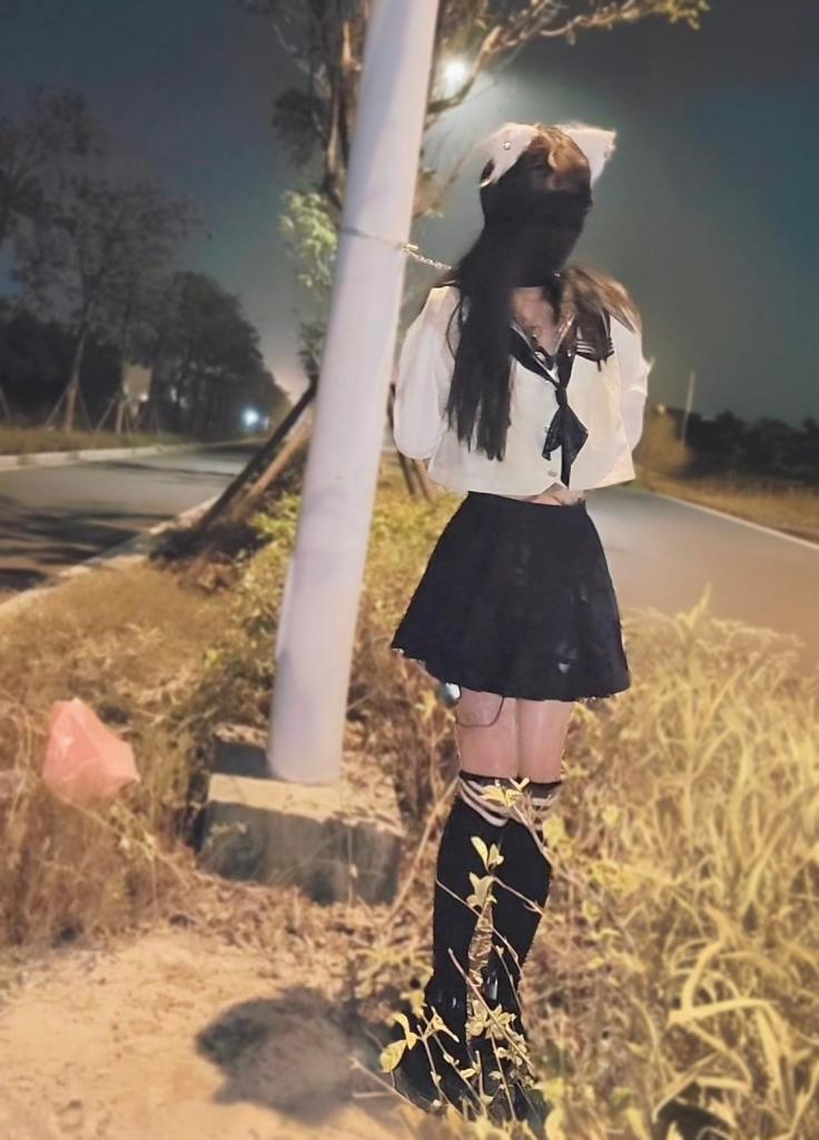 男娘路灯下项圈牵引露出放置+郊狼电击 找了个车流量不少的路边而且路灯特别亮，但是太晚了车比较少，原计划是锁四十分钟的，但是手机没固定好，拍了十几分钟就掉了没拍到（QwQ），就便宜当新春福利了，不过还是喜欢大家喜欢。<br>依旧郊狼 前锁后塞 手铐 定时锁，这次往身上浇了两瓶白色粘液，显得更加xiuchi了，但是量太少了而已晚上不太明显。两个郊狼按钮，一个在胸口检测加速度，摇晃身体就加大电击，一个在连接脚踝和树枝，移动脚踝就电击。最后电的根本不敢动太疼了，只能被路过的车全都看光