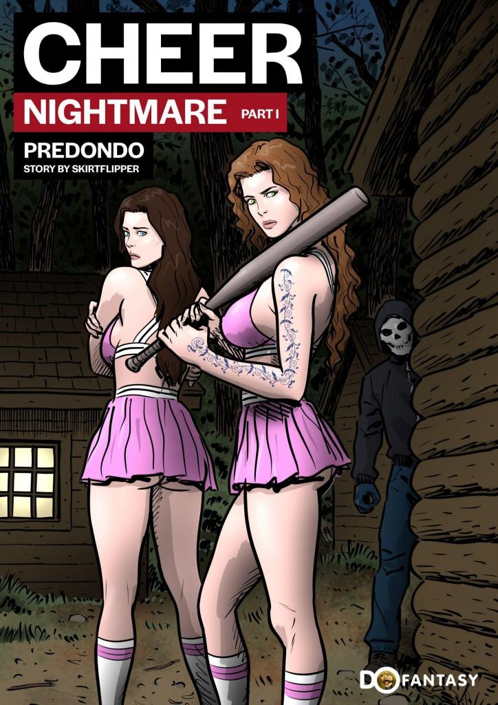 【中文翻译】Cheer Nightmare 1 - Predondo
Skirtflipper 的 Cheer Nightmare 是一部恐怖漫画，设定在独家 Camp Wagadvata——一个为精英年轻女性提供的啦啦队训练营。故事讲述无辜的年轻女子 Ellie White 带着母亲 Charity 一起抵达营地的经历。Ellie 认识她的营员同伴——Jade、Julia、Sophie，以及她们的辅导员 Amy，而阴险的清洁工 Brian（又名 Skullface）在背景潜伏。营地的田园式外表逐渐瓦解，随着 Skullface——一个带着内裤迷恋癖的戴面具掠食者——开始跟踪并袭击这些女性，情节升级。故事揭示一个骇人听闻的贩卖集团：这些女子被