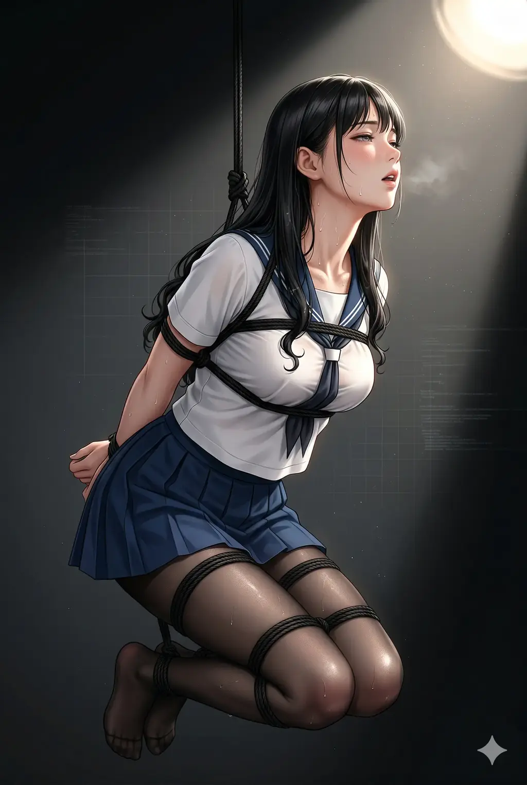 《深度束缚评估2：悬吊》 - 在绝对纯白的房间，黑色绳索描绘出精密的几何。每一次战栗都被换算为数据，每一寸紧绷都标注着价码。当脚尖离开地面的瞬间，契约生效——她将自己交付给测量，感官成为刻度，喘息汇入报告。这里是欲望的实验室，疼痛与愉悦被等量分析，唯有账户余额的跳动，清晰可闻。她数着心跳，等待下一次评估来临。

前三张为预览，第四张开始正常顺序