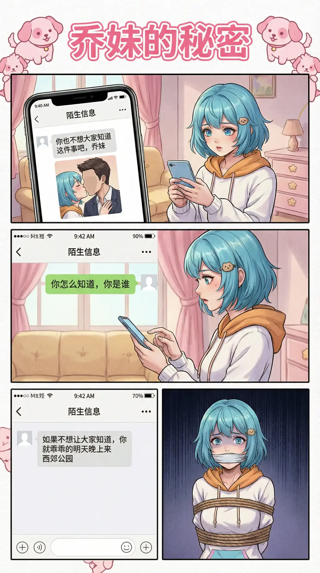 乔妹的秘密 - 王者小篇漫画(乔妹的秘密)，出场人物:小乔。包含(蒙骗，自缚，驷马，虐足，Tj，调教)，有什么新玩法私信留言