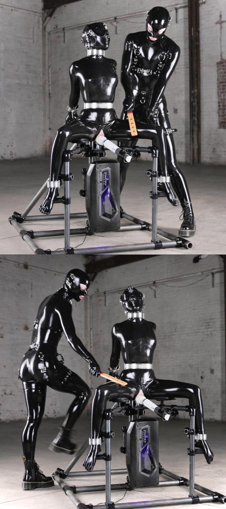 FUCKING UP CHUCK Adult latex-clad performers explore tiger-bench restraint, machine play, vibrator stimulation, and consensual femdom.