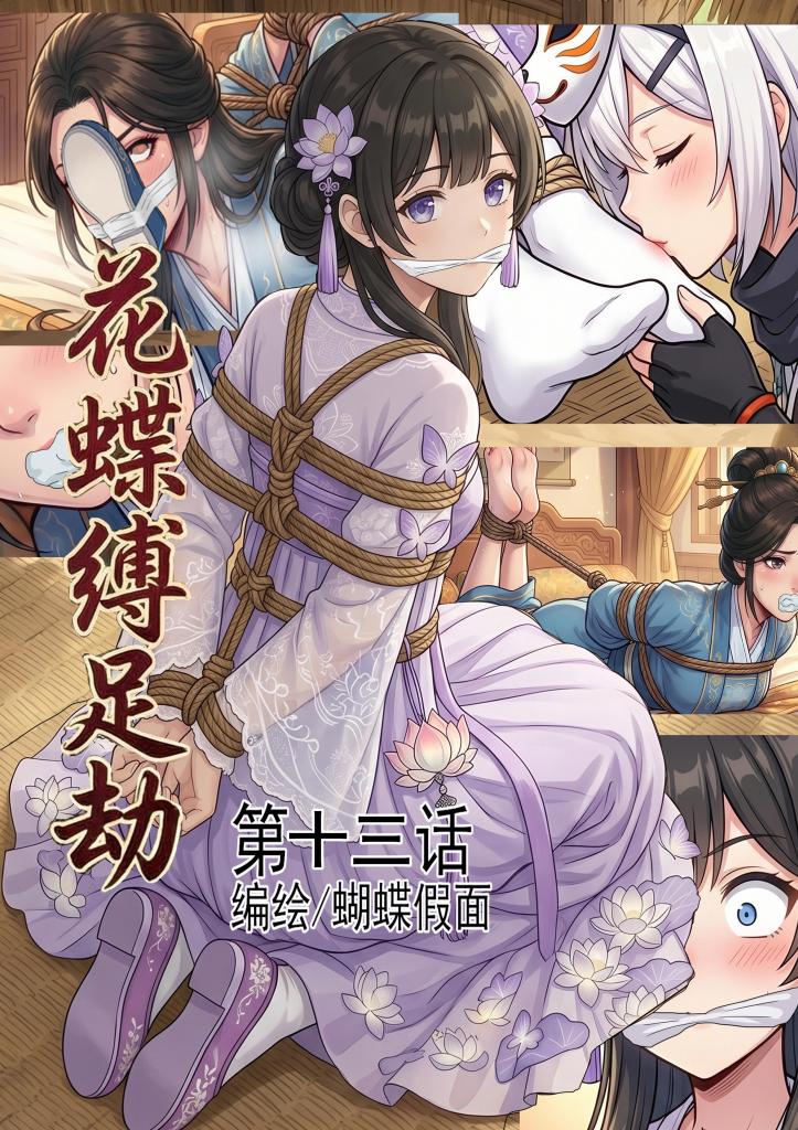 花蝶缚足劫第十三话：驷马挠脚沈夫人，百合舔足！御蛛番女忍登场， - 枯叶通过驷马拘束和挠脚拷问，从沈夫人处获得了情报，前去和温大小姐会合，谁知温大小姐居然撞见御蛛番的忍者！一场女女调教展开了......