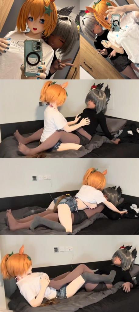 cuddling with kig on bed 两只娃娃身着肉色全包紧身衣和黑皮全包紧身衣，头套追焦眼的赛马娘和明日方舟电弧头壳，外搭齐逼牛仔裤和黑白短袖，一只裸足，一只灰色过膝袜和色气比基尼胸罩，在床上一起欢愉...两只玩偶贴贴互相感受对方的体温，隔着牛仔裤拨弄下面的神秘物品...互相用肉腿玉足搓揉双峰连连刺激...赛马娘人偶在女上位的姿势下不断前后扭动腰臀，欢愉结束两只娃娃躺下依偎拥抱...<br>2匹の人形は肉色の全包タイツと黒皮の全包タイツを着て、焦目を追う競馬娘と明日の方舟アークヘッドシェルを着て、ジーンズと白黒の半袖を揃えて、裸足で灰色のハイソックスを着て、ベッドの上で一緒に楽しんでいる。..2匹の人形は互いに相手の体温を感じ、ジーンズ越しに下の神秘的なものをかき回した。..互いに肉足玉足で揉み合い双峰連続刺激.…競馬娘人形は女性の上位の姿勢の下で腰と尻を前後にねじって、楽しそうになった後、2匹の人形は横になって寄り添って抱擁した。..<br>Two dolls were dressed in flesh colored tight fitting clothes and black leather tight fitting clothes, with a headband that caught the eye of the horse racing girl and the arc head shell of the Arknights of Tomorrow. They were paired with jeans and black and white short sleeves, with one barefoot and one gray knee high sock, enjoying themselves together in bed Two dolls stick together to feel each other's body temperature, playing with a mysterious object underneath through their jeans Rub each other's legs and feet together to stimulate their breasts repeatedly The horse racing doll kept twisting its waist and hips back and forth in the female upper position, and after the pleasure, the two dolls lay down, cuddled and hugged each other ..<br>Visit a kigurumi and do cuddling on bed. 面基kigurumi，在床上拥抱。キグルミ見学、ベッドでハグ。<br>#kigurumi#kig#zentai#fetish#mask#doll#masturbation#full head hood<br>#玩偶装#全包紧身衣#恋物#面具#人偶#全身连体衣#伪娘#小男娘#全包头套#皮物#皮モノ#皮の物<br>#キグルミ#全身スーツ#フェティッシュ#マスク#ドール#着ぐるみ#全身タイツ#デンマ#才ナ二—#ゼンタイ#全頭マスク<br>#赛马娘#Umamusume#明日方舟 电弧#ark nights raidian#肉腿#自慰#0721#onani#encasement#skinsuit#恋足#脚趾<br><span style='color:#b0b0b0;'>[隐藏文字，购买后可见]</span>