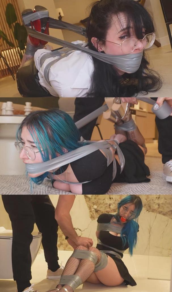 Yukii &amp; Hare - Sexy Female Investigators Tied Up And Gagged 过去几周，西班牙一名绰号“绑架妇女的男人”的男子在城市里作案，令当地居民人心惶惶。他闯入民宅，将住户——通常是女性——捆绑并堵住嘴，然后不带走任何东西就消失得无影无踪，直到受害者被发现时仍然被捆绑堵嘴，无法挣脱。<br><br>两名女侦探一直在调查此案，直到她们的调查将她们引向市中心的一间公寓。她们进入公寓，发现里面空无一人，立刻注意到客厅的桌子上摆放着大量捆绑用具（绳索、口塞、胶带等等）。这些用具与之前绑架受害者的用具一模一样。这无疑是警方介入的绝佳证据。她们拍了照片，其中一人离开去向上级汇报，留下另一人独自一人在公寓里。但她们犯了一个新手才会犯的错误：只关注物证，而没有检查公寓的其他地方。<br><br>事实上，那个男人仍然在那里，藏在浴室里。其中一人正在外面打电话，他突然从另一名正在拍照的调查员身后冲了过去。他立刻用一个大球形口塞堵住了她的嘴，让她无法说话或呼救。但她的呻吟声仍然可能引起怀疑，于是他把她带进了浴室。几秒钟之内，这名调查员就被胶带捆绑起来。她的双手、胸部、双腿和脚踝都被紧紧地绑住，就像之前所有的受害者一样。她挣扎着，呻吟着，试图打电话给她的朋友。他打完电话后，关上门，以免同事进来时看到她，然后躲了起来。<br><br>打完电话后，这名侦探回到了公寓。她没有看到同事，开始担心起来，四处寻找。她听到浴室里传来呻吟声。当她打开门时，看到同事被捆绑着，嘴里塞着东西，挣扎着，她惊恐万分。她试图警告同事危险仍然存在，但嘴里塞着那么大的球形口塞，根本无法发出声音！她冲过去想解救她，但为时已晚。那男人从后面闯了进来，她也落得和同事一样的下场。她被胶带捆绑，嘴里塞着球形口塞。两位女侦探都被束缚住了，遭受了羞辱。她们挣扎呻吟，但都无济于事。<br><br>那男人知道警察很快就会到，因为她们已经给他打过电话。临走前，他想以自己的方式“款待”她们。他把两个女人一个接一个地扛到肩上，带到客厅中央，面对着前门。他取下了她们嘴里的口塞。其中一个女人出言不逊，勃然大怒。她立刻被塞了一块厚布，然后他又对她的同事做了同样的事。最后，他把她们的嘴都塞住，用胶带把她们捆成猪蹄状，双腿弯曲，脚和嘴都被胶带绑住。这是一个极其难受且屈辱的姿势，但也非常有效，因为她们稍有动静，口塞就会收得更紧。这样，男人就能轻松逃脱，给随后赶到的警察留下“大礼”——警察一开门就会发现这两个美丽的女人被捆绑、堵嘴，摆出如此屈辱的姿势。For the past few weeks in Spain, a man nicknamed "the man who ties women up" has been terrorizing a city. He breaks into houses, ties up and gags the occupants—always women—then disappears without stealing anything until they are found bound and gagged, unable to free themselves.<br><br>Two female detectives have been working on this case for some time, until their investigation leads them to an apartment in the city center. They enter the apartment, which appears empty, and immediately notice a large quantity of bondage equipment (ropes, a gag, tape, etc.) on the living room table. It's the same type of equipment used on previous victims. This is perfect evidence justifying police intervention. They take photos, and one of them leaves to call her superiors, leaving her colleague alone in the apartment. But they made a rookie mistake by focusing on the physical evidence without checking the rest of the apartment.<br><br>Indeed, the man was still there, hiding in the bathroom. While one of them was outside on the phone, he rushed up behind the second investigator who was taking photos. He immediately gagged her with a large ball gag, preventing her from speaking or calling for help. But her moans could still arouse suspicion, so he led her into the bathroom. Within seconds, the investigator was bound with duct tape. Her hands, chest, legs, and ankles were tightly bound, as with all the previous victims. She struggled and moaned, trying to call her friend. Once he was finished, he closed the door so his colleague wouldn't see her when she came in, then went to hide.<br><br>After finishing her call, the detective returned to the apartment. Not seeing her colleague, she grew worried and began searching for her. She heard moans coming from the bathroom. When she opened the door, she was stunned and terrified to see her colleague struggling, bound and gagged. She tried to warn her of the danger, that it was still present, but it was impossible with that enormous ball gag! She rushed to free her, but it was too late. The man burst in from behind, and she suffered the same fate as her colleague. She was bound with duct tape and gagged with a ball gag. Both detectives were now restrained and humiliated. They struggled and moaned, but in vain.<br><br>The man knew the police would arrive soon since they had called him. Before leaving, he wanted to give them a "gift" in his own image. He hoisted each woman, one after the other, onto his shoulder and led them to the middle of the living room, facing the front door. He removed their gags. One of them insulted him and became angry. Her mouth was immediately stuffed with a thick piece of cloth, and then he did the same to her colleague. Finally, he gagged them and tied them securely in a hogtaped position, their legs bent, their feet and mouths bound with tape. It was an uncomfortable and terribly humiliating position, but also very effective because with the slightest movement, their gags tightened even further. The man could then calmly escape, leaving a gift for the police officers who would arrive and discover these two beautiful women bound, gagged, and in a humiliating position as soon as they opened the door.