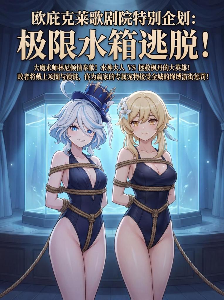 极限水箱逃脱：旅行者的愿赌服输 - “哼哼，曾经在法庭上让我下不来台的大英雄，现在还不是乖乖戴着项圈，成了本小姐专属的宠物？”
“既然戴上了这条你亲手扣上的项圈，那今天就请牵着你的专属宠物，向整个枫丹尽情炫耀吧，我的主人。”
持续分享好看的漫画！本篇作者是风陵渡zzz