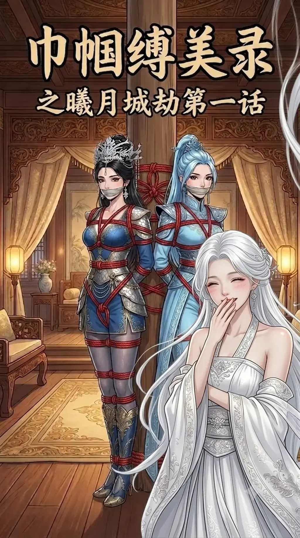 巾帼紧缚录之曦月城劫第一话（接针锋相对第八话） - 慕容心和岳凌云被擒，幕后黑手竟然是曦月城城主欧阳雪，她还和宇文家族串通勾结挟持了女皇，这才有了那道换将的诏令。慕容心十分忧心，身受绳缚却也无能为力，反倒是欧阳雪似乎对她十分爱慕，岳凌云只是下牢，而她却被绑到了欧阳雪的闺房之中......