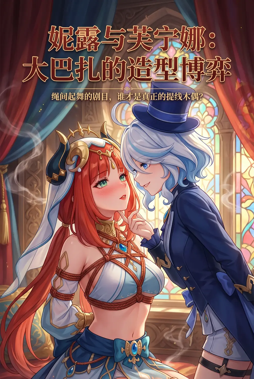 《妮露与芙宁娜：大巴扎的造型博弈》 - 大巴扎后台，正午阳光斜射。赌约落败，柔弱舞娘妮露被迫成为自信少女芙宁娜的“造型模特”。当无光红绳缠绕上身，精美菱形胸饰初现，双手被缚的妮露只能在局促呼吸中承受对方魅惑的注视……这名为造型的惩罚，究竟是博弈的终局，还是另一场沉沦的开始？前两张为杂图感谢支持