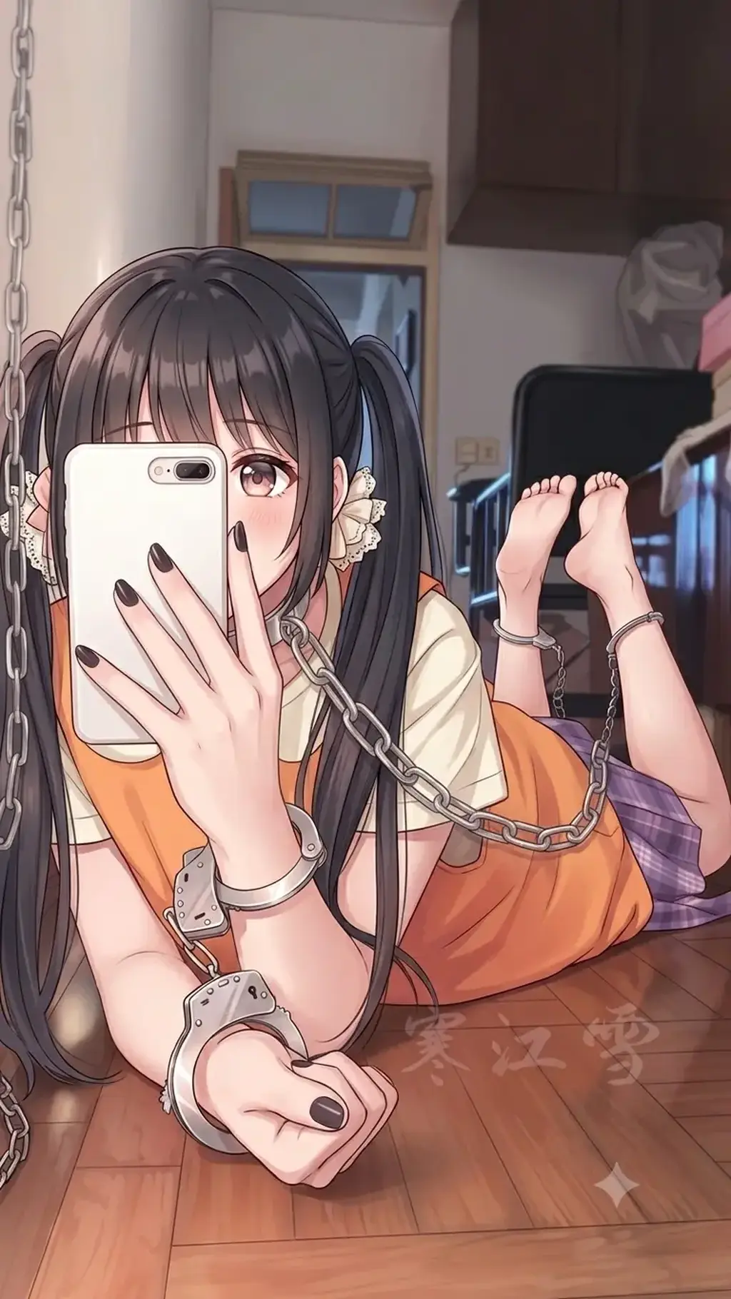 jk女囚马甲人字拖（第一次二创） - 定拍/套图请联系昵称！今天是双马尾jk的女囚马甲搭配人字拖的穿搭（居家）！我当初想的情节是被管教拘束不听话这种，然后被束缚着，对着镜子自拍，或者被主人拘束着（无主也不会找主，勿问我找不找主）被铁链拴着自拍啥的（基本上对着镜子拍照！因为是第一次拍的图）！这是我二创的！原图在最后一张！我感觉很多人喜欢jk跟女囚马甲背心所以我就弄了（其实这是我最开始的作品吧）那么，请多关照！