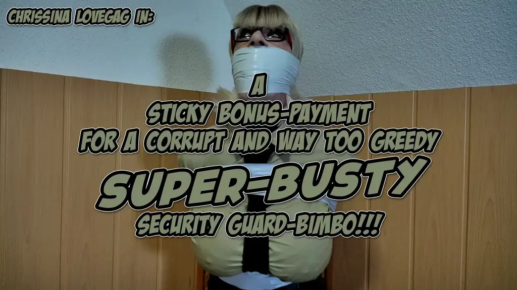 D0726 Sticky Trouble for a too bold Security Guard 伪娘<br>It's still evening in the company where the sexy Security Guard Chrissina works in the nightshift. The buxom broad is a long-time employee but still unhappy with her bad payment and so she cooperates since a while with criminal people to support them to smuggle wares from the comapny stock sometimes. But Chrissina is thinking that her help is worth some more money and so she demands a better payment by her accomplices for futured coups. A too bold claim how it turns out soon... Because now, while a ongoing raid, the busty guard becomes lured into one of the storrage rooms and it is no big deal for the present brutes to overwhelm the big-boobed Bimbo easily. After a few minutes the curvy gurl in her uniform is bountiful packed-up into tons of tape! Then, effective wrapped up from legs to bosom and efective muzzled with a huge mouthpacking, the busty broad got left back and locked up in the room and has now much time to enjoy her maybe a bit unexpected extra-payment untill the shift change hopefully finds and rescues her.