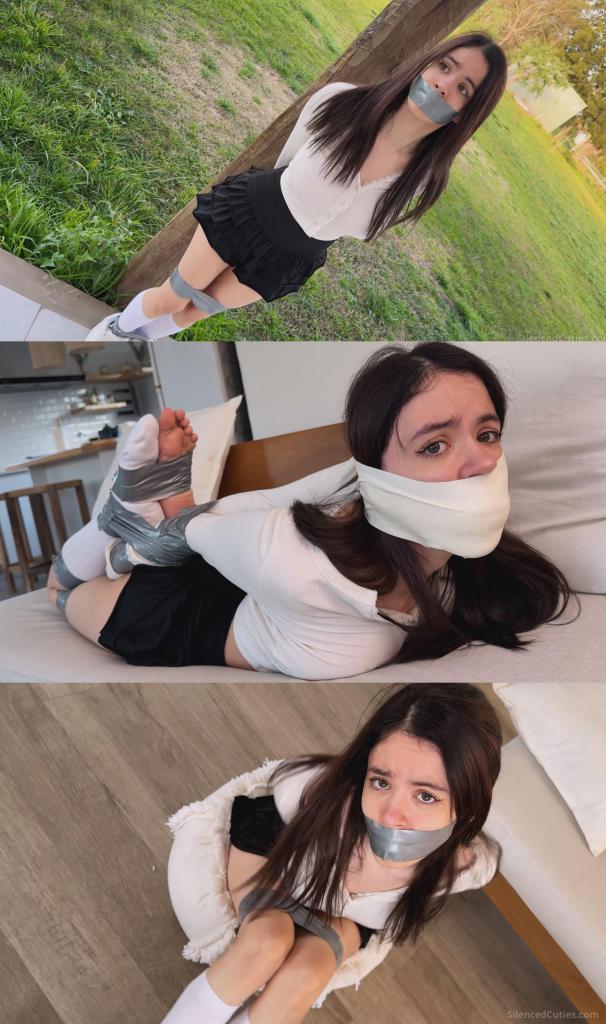 Brunette Girl TAPED?! Nani Becomes a TIGHT Bondage Doll With SOCK-STUFFED Mouth! - tapegagged, mouth Brunette Girl TAPED?! Nani Becomes a TIGHT Bondage Doll With SOCK-STUFFED Mouth! - tapegagged, mouth stuffed, hogtied, struggling 这个棕发女孩做梦也没想到，今天她会被绑成猪蹄状，嘴里塞满了自己的袜子，还被一层又一层紧紧的微孔胶带严严实实地封住了！<br><br>天真甜美的娜妮，有着漂亮的棕色头发，在家一边唱着她最喜欢的歌，一边跳着可爱的舞蹈，突然……“！！”娜妮的嘴被一只蒙面男子的手紧紧捂住。这个蒙面男子早已巧妙地藏在屋里，伺机而动！嗯……娜妮的抗议变成了可爱的闷哼声，因为她的双臂被反绑在了身后。<br><br>娜妮的手腕被一卷灰色PVC胶带紧紧地绑在了身后。接着，一条绷紧的胶带贴在了她甜美的嘴上，露出了她被封住的嘴唇的形状。嗯……现在，娜妮只能隔着胶带发出可爱的闷哼声了。<br><br>她那双漂亮的腿也被胶带紧紧地绑着，露出了她那双漂亮的白色高筒袜。娜妮被完全捆绑，嘴也被堵住，在沙发上可爱地挣扎着，直到她终于站了起来，开始在屋子里蹦蹦跳跳地寻找可以挣脱束缚的东西。她成功地打开了一扇门，跑了出去，但很快就被蒙面男子抓住了！嗯哼！他把她扛在肩上，又把她放回沙发上。看来娜妮需要更严格的束缚！<br><br>他脱掉了娜妮穿的一只白色长袜。他要用它做什么呢？娜妮天真地想着。接着，蒙面男子慢慢地撕掉了封住娜妮嘴巴的胶带。哎哟！胶带粘得真牢！他把袜子卷成一个球，慢慢地塞进娜妮的嘴里，随着她的脸颊鼓起，袜子被塞得满满的，直到她的嘴完全被塞满。“怎么了，娜妮？你想要更多的胶带吗？”完美！接下来，蒙面男子用一卷微孔泡沫胶带封住了娜妮塞满袜子的嘴，拉伸胶带使其完美贴合她的皮肤，一圈又一圈地缠绕，从下巴一直到她可爱的鼻子下方，将她的嘴巴紧紧地封住。<br><br>为了把她变成一个真正的束缚娃娃，娜妮又被裹上了更多的灰色PVC胶带：她的手肘被拉到一起，直到它们相触，她被绑成猪蹄状，漂亮的、缠着胶带的双脚和手臂连在一起，使她完全弓起身体。这非常紧。我想娜妮现在肯定不会试图站起来蹦蹦跳跳了！<br><br>娜妮在沙发上挣扎了很久，享受着胶带紧紧的束缚，她的嘴巴被自己的袜子完全塞住，并用胶带严密地封住，她的抗议变成了可爱的闷哼声。This brunette girl never imagined that today she would end up tightly bound with tape in a hogtie, her mouth completely stuffed with her own sock and hermetically sealed with wrap after wrap of very tight microfoam tape!<br><br>Looking cute with her pretty brunette hair, the innocent and sweet Nani is at home doing an adorable dance while singing her favorite song, until… “!!” Suddenly, Nani’s mouth is tightly covered by the hand of a masked man who had been skillfully hidden in the house, waiting for the perfect moment to strike! MMMmmppphh! Nani’s protests turn into adorable muffled sounds as her arms are pinned behind her back.<br><br>With a roll of gray PVC tape, Nani’s wrists are tightly bound behind her back. Next, a strip of well-stretched tight tape is placed over her sweet mouth, leaving the shape of her pretty sealed lips visible. Mmmmppphhh!!! Now all Nani can make are cute muffled sounds behind the tape.<br><br>Her lovely legs are tightly bound with tape too, showing off her pretty white high socks. Completely bound and gagged, Nani struggles adorably on the sofa until she manages to stand and starts hopping cute little hops all around the house looking for something to free herself with. She succeeds in opening a door and getting outside, but is quickly captured by the masked man! MMMMPPHH!! He carries her over his shoulder and lays her back down on the sofa. It seems Nani needs stricter bondage!<br><br>He removes one of the long white socks Nani is wearing. What will he do with it? Nani wonders innocently. Next, the masked man slowly peels off the tape sealing Nani’s mouth. Ouch! It was stuck on very well! He rolls the sock into a ball and slowly pushes it into Nani’s mouth, packing it to the sides as her cheeks expand, until her mouth is completely stuffed. ! What’s that, Nani? You want more tape? Perfect, because next the masked man uses a roll of microfoam tape to cover Nani’s stuffed mouth, stretching the tape so it molds and sticks perfectly to her skin, wrapping round and round to seal her mouth tightly from the base of her chin right up under her adorable nose. <br><br>To turn her into a true bondage doll, Nani is bound with more gray PVC tape: her elbows are pulled together until they touch, and she is tied in a hogtie connecting her pretty taped feet to her arms, leaving her completely arched. This is very tight. I don’t think Nani will try to get up and hop around now!<br><br>Nani spends a long while struggling on the sofa and enjoying the tight tape bondage, while her mouth stays completely stuffed with her own sock and hermetically sealed with tape that turns her protests into adorable muffled sounds.