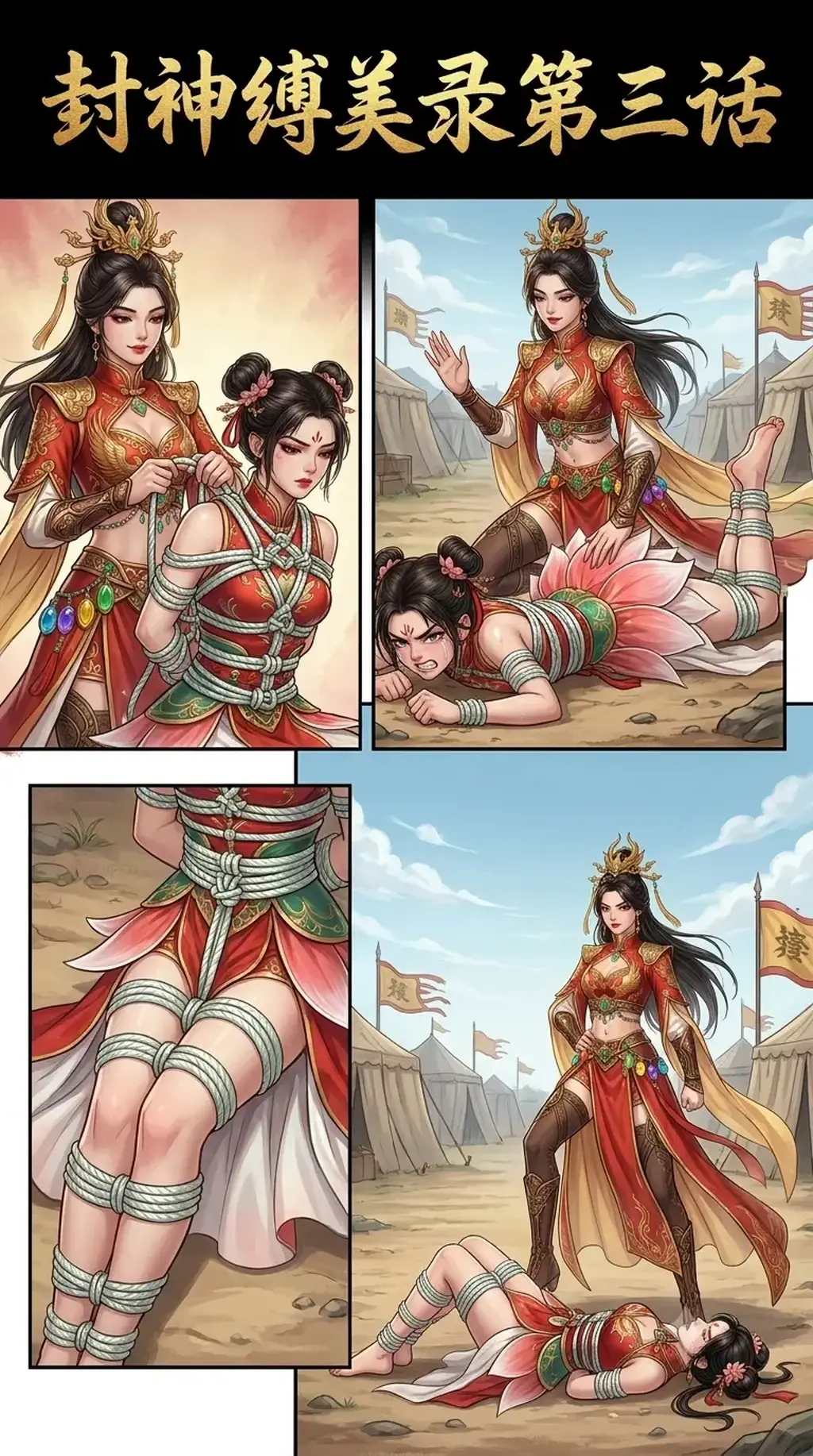 封神缚美录第三话 - 哪吒用混天绫绑了邓婵玉之后救了萧灵儿，却被商军围困，为了抵挡商军，不得已收回了混天绫，邓婵玉趁机逃脱。几日后，二人再战沙场，邓婵玉诈败逃跑，哪吒追了上去，被邓婵玉五光石偷袭打中，受伤被擒