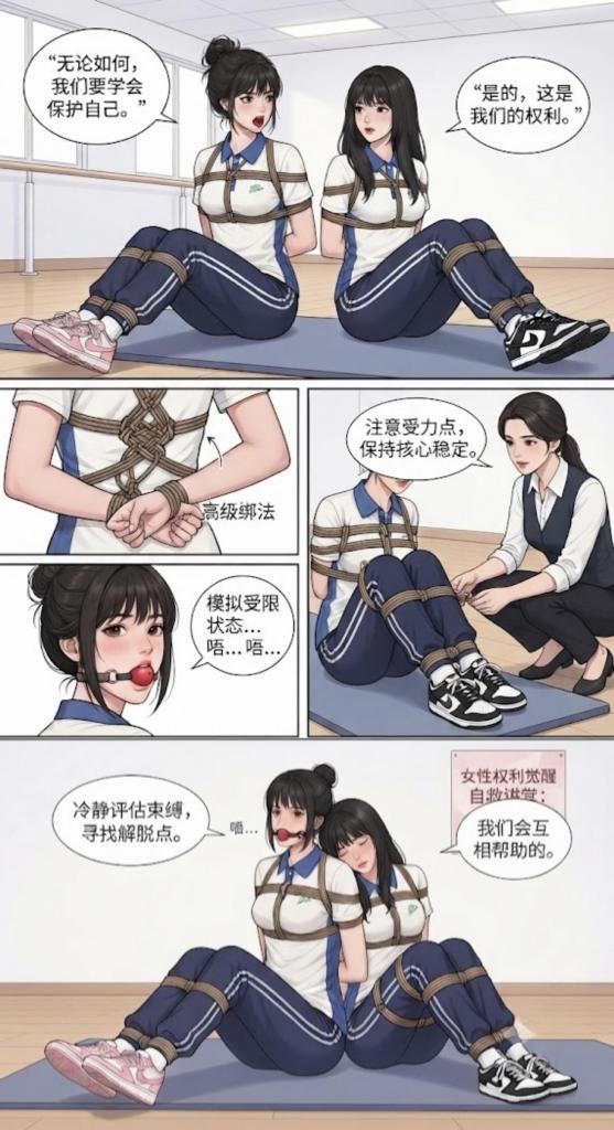 原创—（中式校服篇）两个女生身穿中式校服演示如何自救，各种老师详细讲解，最后两个女生被老师装进麻袋用面包车运走（内含女生的结构图）
