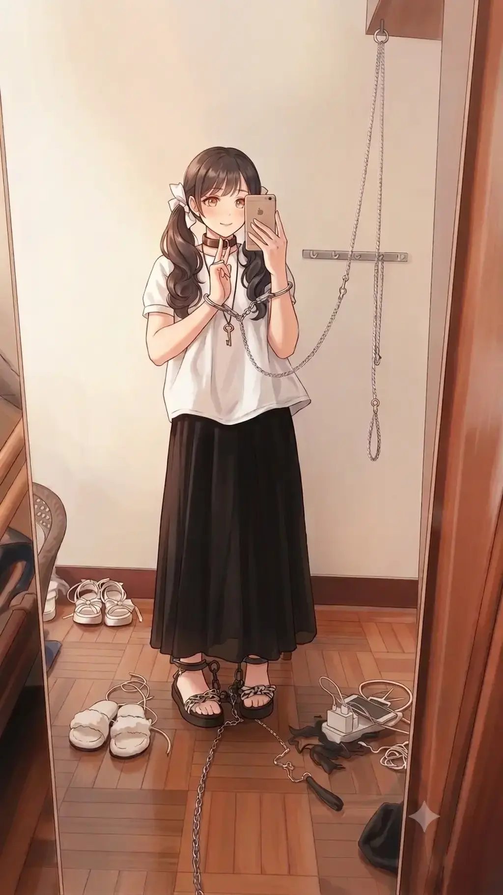 长裙镣铐（第一次拍的作品的ai二创） - 这回是黑色的长裙镣铐搭配凉鞋的，也算是为爱发电的基于现实的图的ai二创的作品之一。也希望大家能继续多多支持我显示的作品！你们的支持是我创作现实作品的最大动力！欢迎找我定拍！ [手铐,脚铐/脚镣,狗链/项圈,卧室,手铐/脚铐,脚镣,自缚,镣铐,长裙,凉鞋]