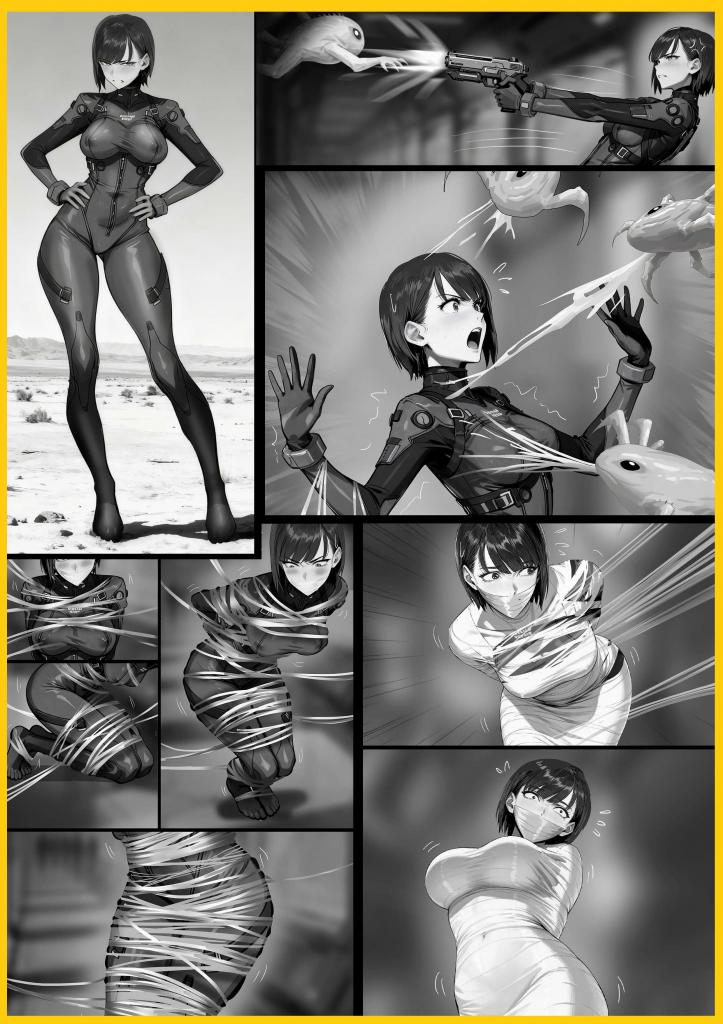 king黑白漫画《科幻紧身衣美女——异星囚茧》深空失联坠入死局 遇到异形  粘液封茧锁死身躯  白茧裹身  困死深空孤勇者 - 银河帝国王牌飞行员凯伦，奉命探查边境失联哨站，误入变种人精心布下的深空陷阱。海量特制粘液层层包裹、固化塑形，粘稠特制粘液层层缠绕、压实固化，精准复刻身形、封死所有动作，将她彻底塑造成密闭木乃伊囚茧。湿热窒息、动弹徒劳，所有战力、突围手段尽数被胶体封印，在孤寂异星承受无声的禁锢煎熬。特制克制纳米战衣的粘稠胶体漫天覆盖，层层堆叠固化，将她完整包裹为雪白木乃伊囚茧。