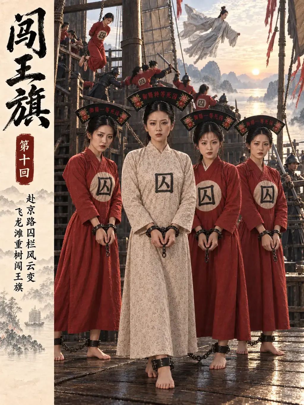 [连载，完结]《闯王旗》第十回·大结局（古装红罪衣女犯题材）【AI画册，电影级质感】 - 这是闯王旗的大结局。书接上回。苏梦晗、嫣儿受绞刑之后，牢城中的女义军处境愈发艰难，刑罚、凌辱接踵而至。
眼见昔日并肩作战的姐妹们日复一日受尽折磨，高玉贞再也无法坐视，一场酝酿已久计划暗中悄然展开。
赴京之路，风波再起，及至飞龙滩，辽格竟下令将高玉贞等沉江处死。生死一线之际，她们能否绝境脱身？
一切恩怨与命运，都将在这一回中迎来最后的分晓。
正文从第4幅图开始，第十回都是女犯戏份，有很多有趣的情节，这一回女犯都换上了清朝女囚的服装。
第十回正文有140幅图像，附赠4幅图片。
历经数月的创作，我们很高兴《闯王旗》终于迎来了大结局，也十分感谢这个故事能够得到各位读者和粉丝的喜爱。