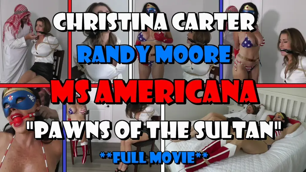 Christina Carter: Ms Americana, Pawns of the Sultan Somewhere in Central America, innocent secretary Randy Moore is being held captive by evil supervillain The Sultan in the foul fiend's palatial residence.<br><br>The unfortunate Miss Moore was taken by the devious Arab because he knew the blonde beauty was the personal assistant of business tycoon Brenda Wade, who is well known to be a good friend of his intended target, the courageous crimefighter Ms Americana!<br><br>Using Randy as bait, The Sultan walks in to find his men have tied the gorgeous woman up, perched upon a high chair and silenced with a tight silk scarf cleave gag pulled through her luscious lips.<br><br>The ropes around the beautiful PA squeeze into her body, pushing out her huge breasts into an already tight white silk shirt. Randy struggles bravely but it is simply no use, her bonds are just too secure.<br><br>The Sultan cannot help but taunt his helpless captive, gloating over the fact that he is using her as bait to lure the great Ms Americana into a trap...<br><br>Sitting alone at home, millionaire tycoon Brenda Wade gets a phone call on her special Ms Americana Hotline, which is usually from the Delta City Police Commissioner but on this occasion is from someone she knows very well indeed...<br><br>It's from that no good supervillain The Sultan, who has somehow hacked into the private number of the cities' greatest heroine. The vile fiend gleefully informs the startled crimefighter that he has Brenda's personal assistant held captive in his Central American residence.<br><br>Before Brenda can react, the beastly Arab hangs up, angering the beautiful brunette, who vows to rescue her good friend. She knows it's a trap but if there's one person who can defeat The Sultan's diabolical plans it's the Queen of Justice herself!<br><br>Sometime later, Ms American arrives at The Sultan's palace and after evading his guards, walks in to find Randy tightly chair tied in the middle of an empty room.<br><br>Although it isn't empty for long as The Sultan arrives and confronts the mighty maiden. Ms Americana is immediately suspicious, she knows she can take the evil villain in a fair fight but he is far too confident, so she guesses something must be afoot.<br><br>Alas, the masked avenger finds out all too late what devious plot the tricky sheikh has up his sleeve and it's one that not even the awesome Ms Americana will be able to withstand...